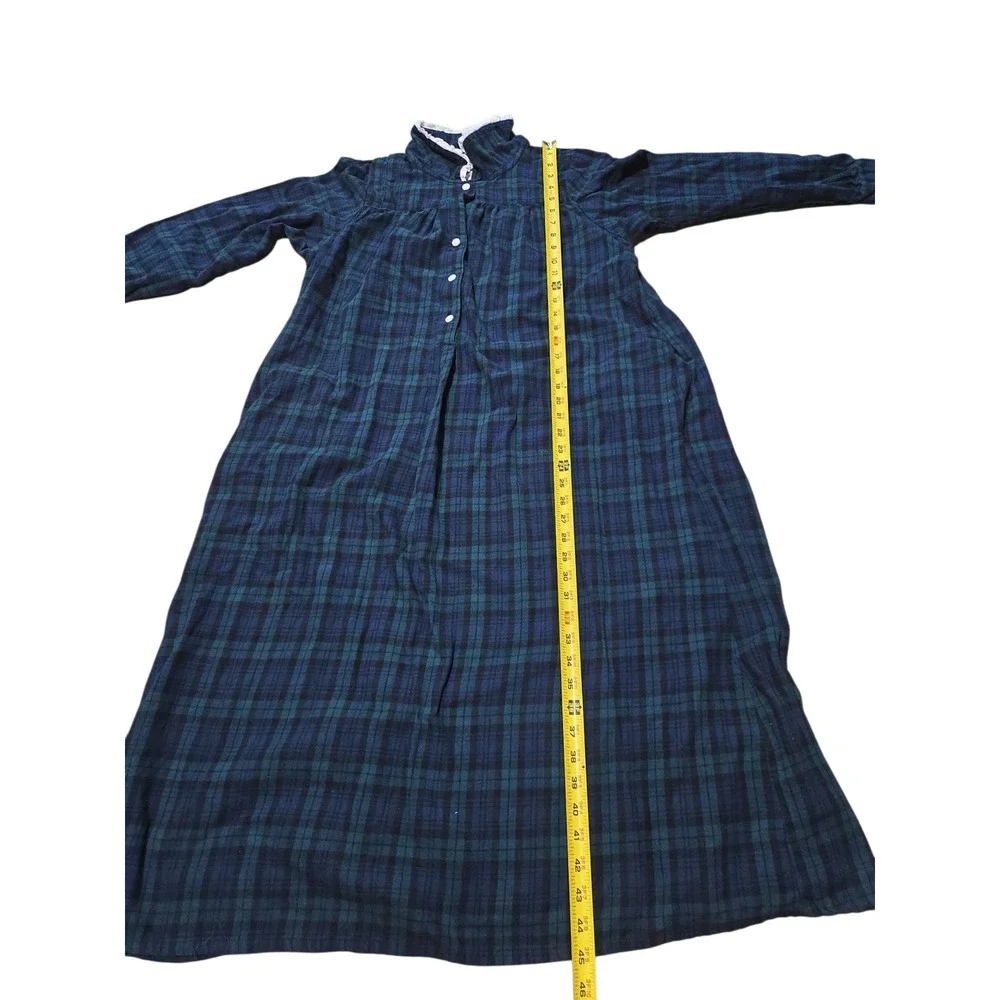 Lanz of Salzburg Green Blue Plaid Flannel Nightgown Maxi Lace Trim PM - Picture 12 of 13